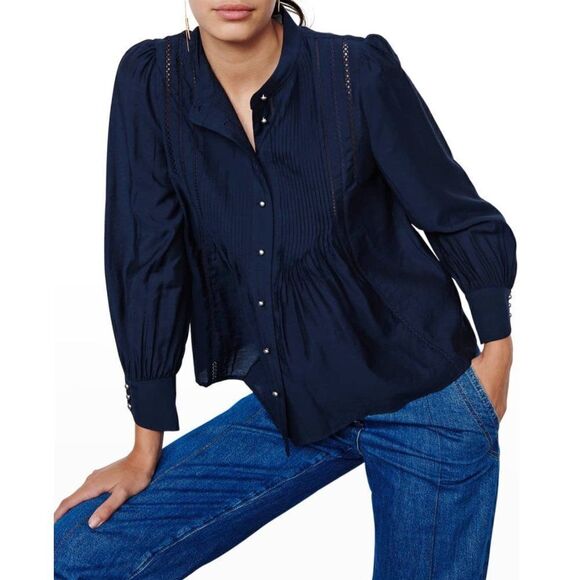 Ba&sh Laure Pintuck Button Front Shirt Puff Sleeve Crochet Trim Blue Women's XS - Picture 2 of 7